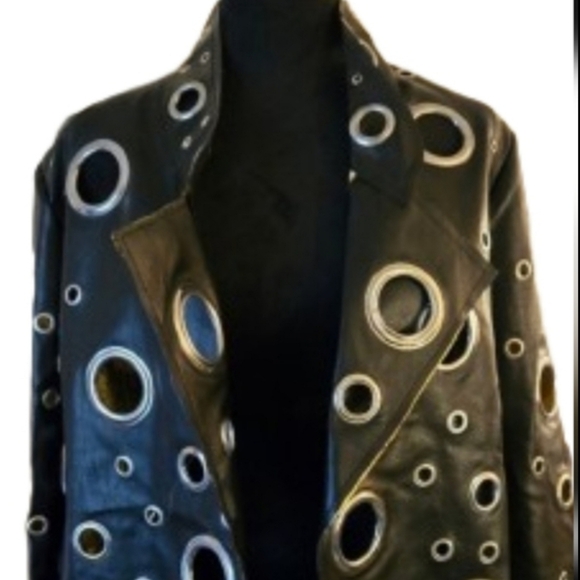 Black Vegan Leather  Grommet Eyelet Cutout Women's Jacket - Picture 2 of 10